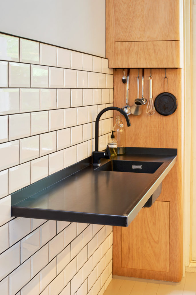 Steel Countertop Hot Rolled Staall The Oak Wood Drawer Fronts Have Hot Rolled Steel Handles This Kitchen Is Executed With A Built In Oven And Gas Cooktop